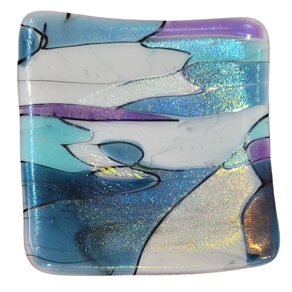 Fused Art Glass Trinket Tray Teal Purple Metalic